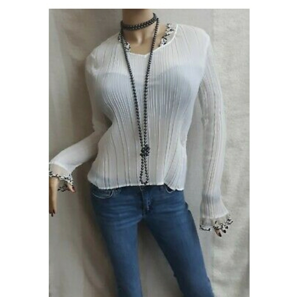 White Pleated Lace Neck & Cuff Dressy Blouse ~ M